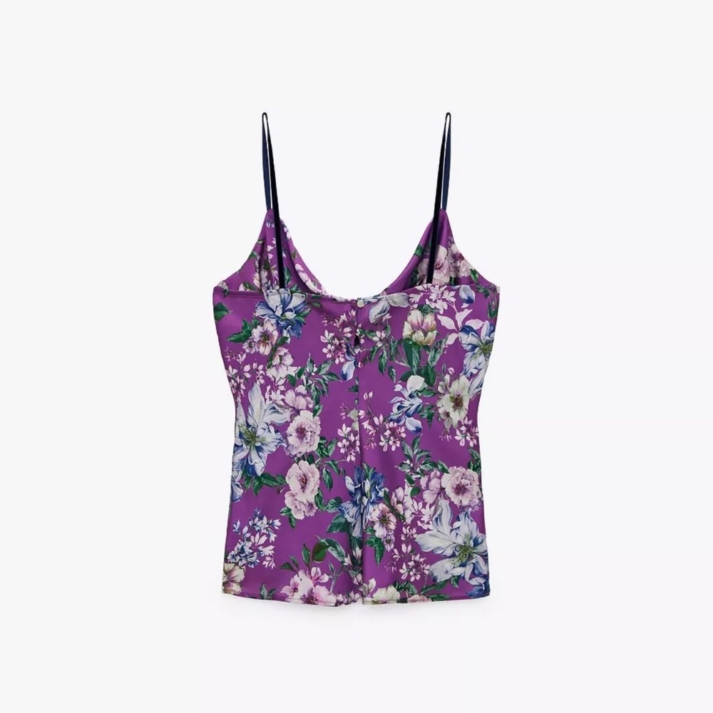 Zara Satin Silky Cowl Neck Blouse Camisole Floral Purple Bloomcore Lg Y2K Style - Picture 3 of 9